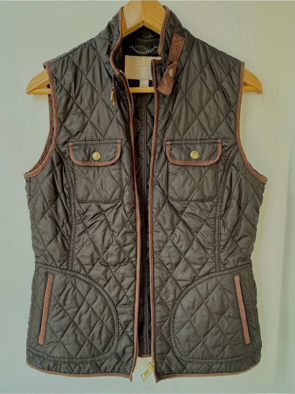 Banana Republic Quilted Dark Brown Vest with Tan Trim